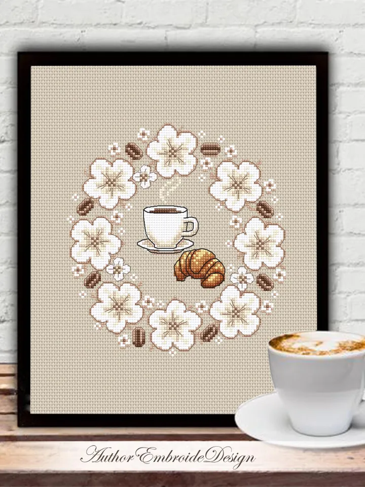 Cup of coffee cross stitch pattern PDF download Croissant cross stitch chart, Floral coffee pattern digital PDF, Flower wreath #F20