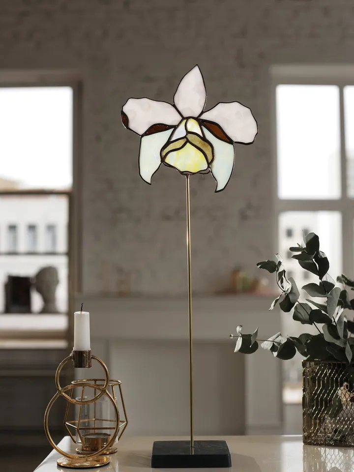Orchid. Stained Glass on Stand, Stained Glass Orchid on Stand, Orchid Stained Glass Artwork, Orchid Stained Glass Sculpture, Stained Glass Orchid Design on Stand, Orchid Glass Art on Stand, Stained Glass Orchid Piece, Stained Glass Orchid Figurine, Artist