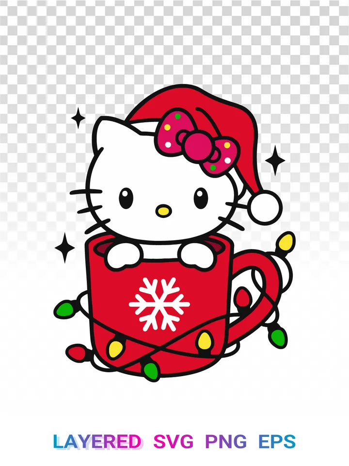 ☕ Hello Kitty Christmas Mug SVG PNG, Lights Cricut