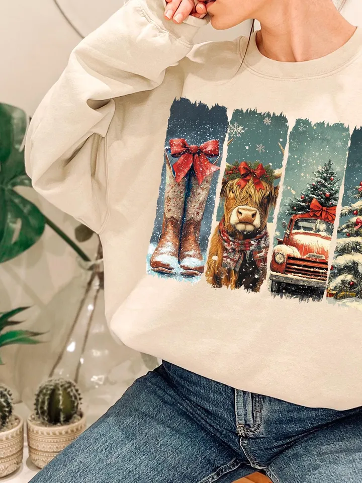 Vintage small town christmas PNG, Cowgirl Png, Small town girl Christmas PNG, highland cow Christmas png, Christmas western png
