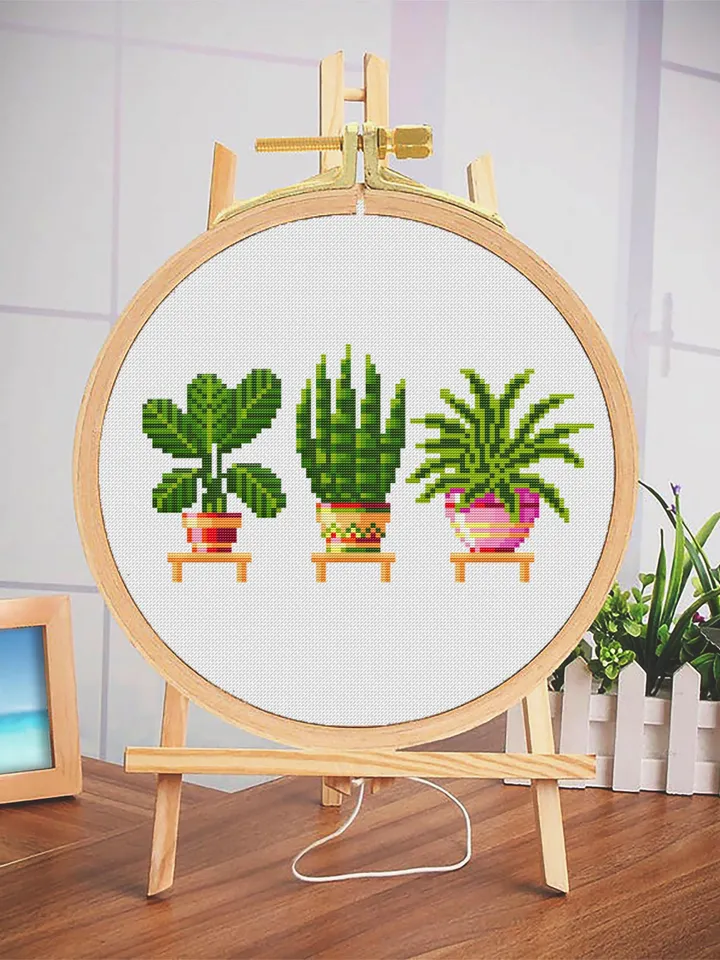 Potted plants cross stitch pattern download PDF, Small floral cross stitch chart, House plant hand embroidery PDF, Quick beginner stitch #P4