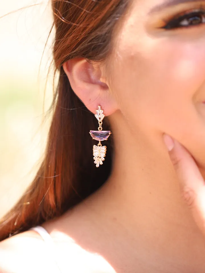 Art Deco Wedding Earrings For Bride, Purple Gold Statement Bridal Jewelry, Boho Bridal Earrings, Retro Fan Chandelier Stetement Earrings,