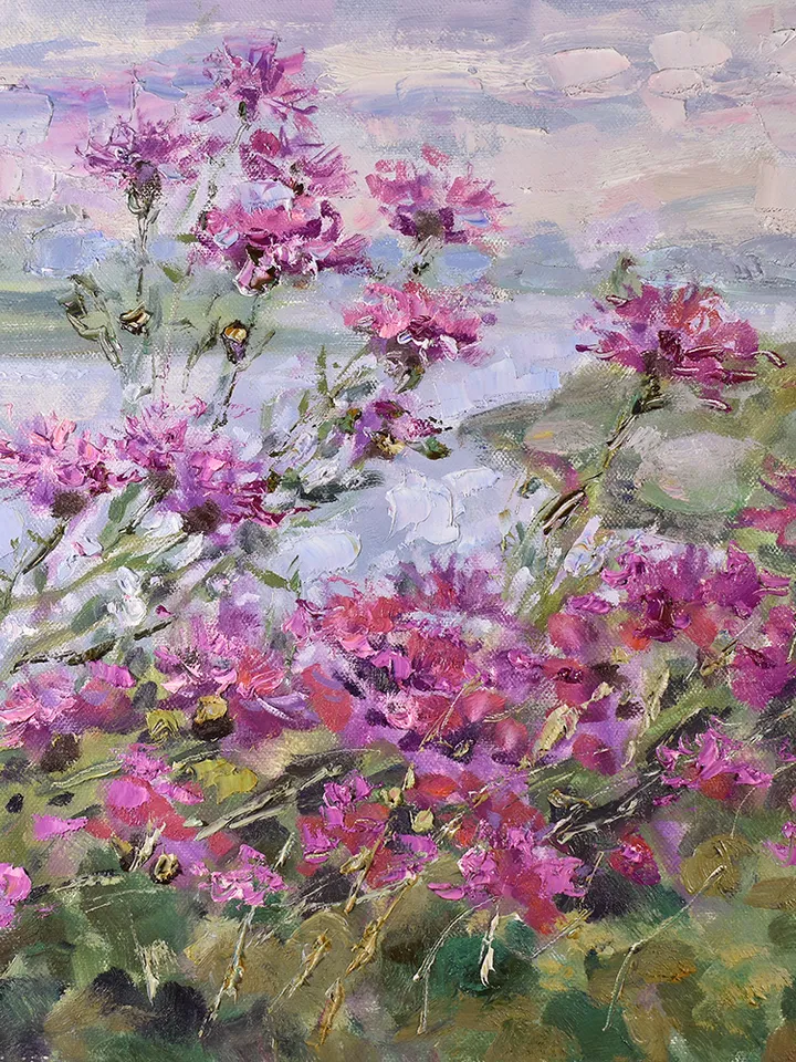 Wildflowers Painting Blooming Field Landscape Purple Flowers