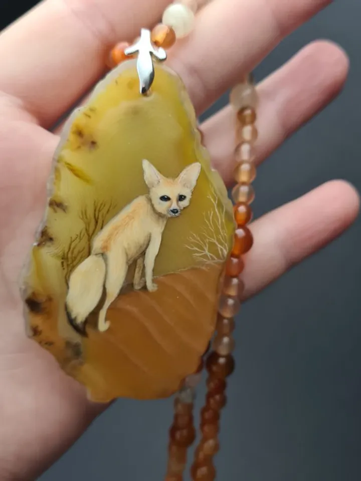 Desert fox fenech leather necklace Hand painted jewelry miniature painting