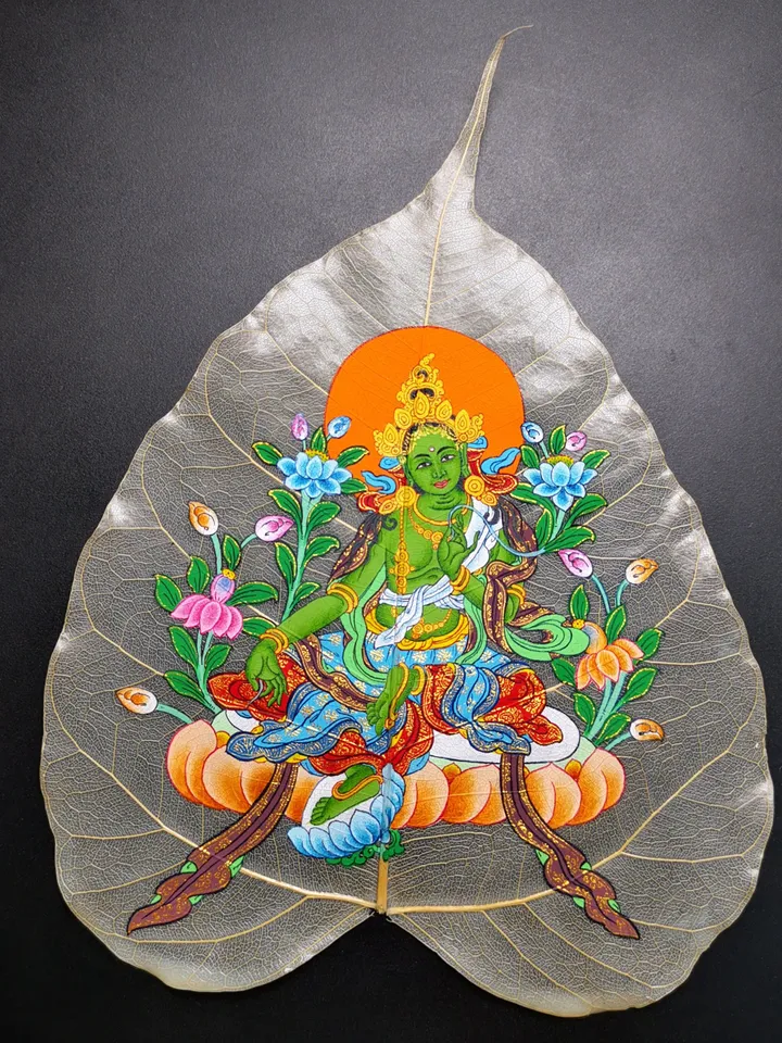 Gandhanra Handpainted Bodhi Leaf Thangka,Packed in Wooden Picture Frame,Painted with Natural Mineral Pigments,Green Tara Thangka