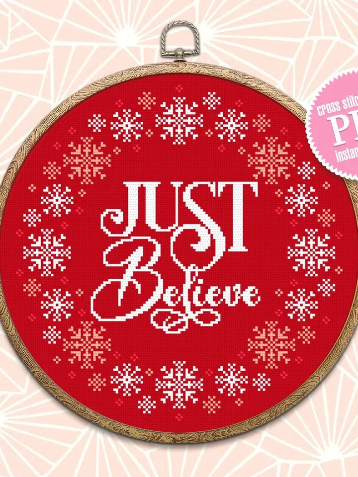 Christmas cross stitch pattern download PDF, Snowflake wreath cross stitch Christmas quotes Just believe, Christmas pattern digital PDF #N43