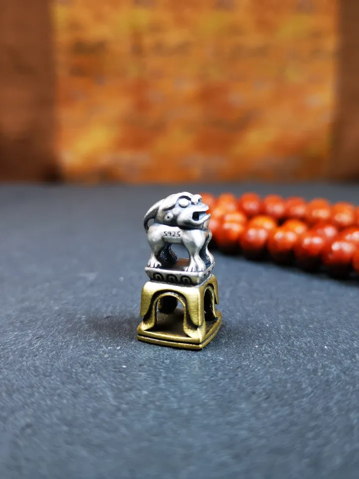 Gandhanra Tibetan Buddhism Seal Amulet,Snow Lion Shape with Kalachakra Symbol,Handmade of Silver and Brass, 0.9&quot;
