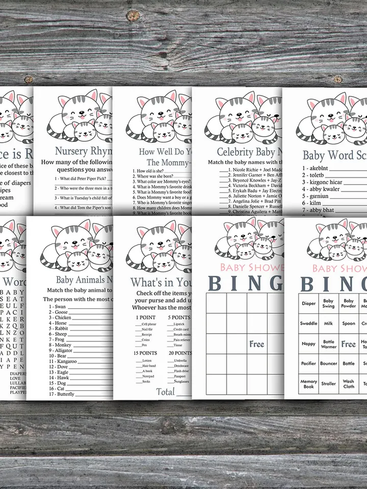 Cat or Kitten baby shower games bundle,Cat Baby Shower games package,Fun Baby Shower Games,9 Printable Games-340