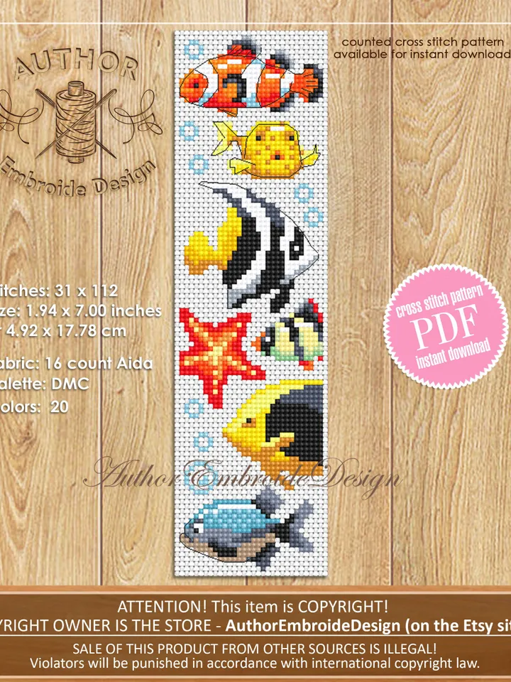 Fish bookmark cross stitch pattern PDF download Aquarium fish cross stitch chart, Bookmark pattern digital PDF, Tropical fish pattern #B277