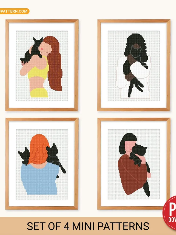 Woman Cats Boho Style cross stitch pattern, bundle, Floral, nature, girl, counted, chart, gift DIY, embroidery, beginner, instant PDF