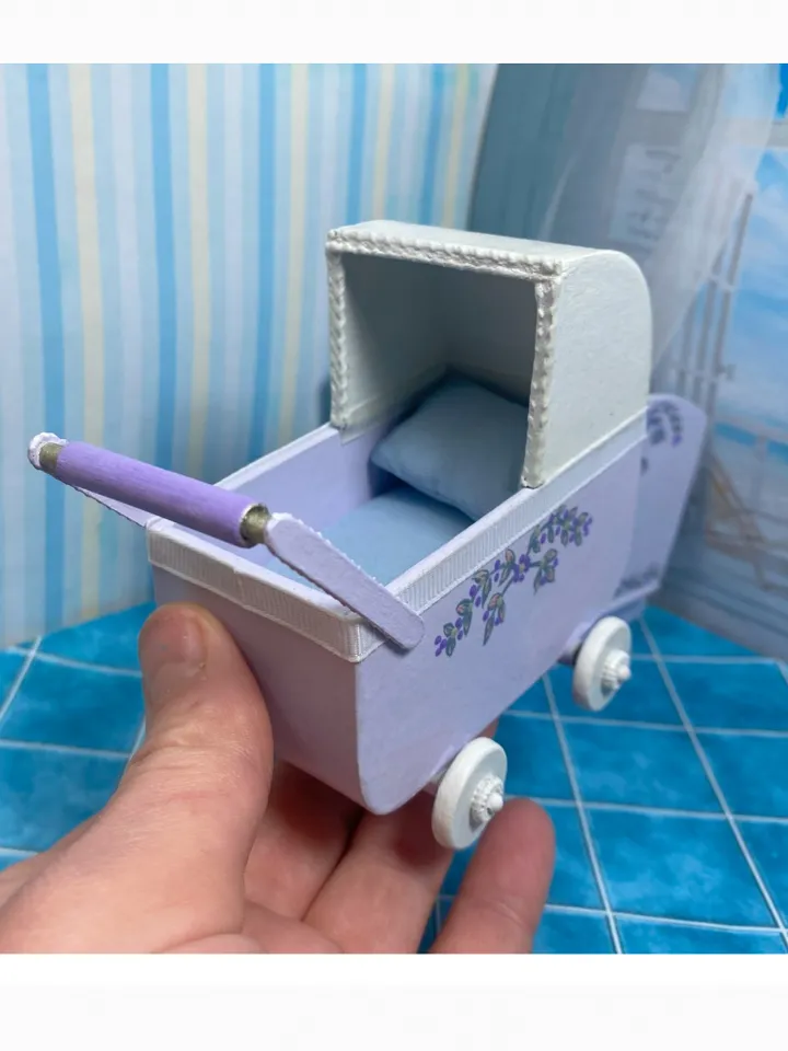 Doll cradle and stroller.
Handmade. 1:12. Dollhouse miniature.