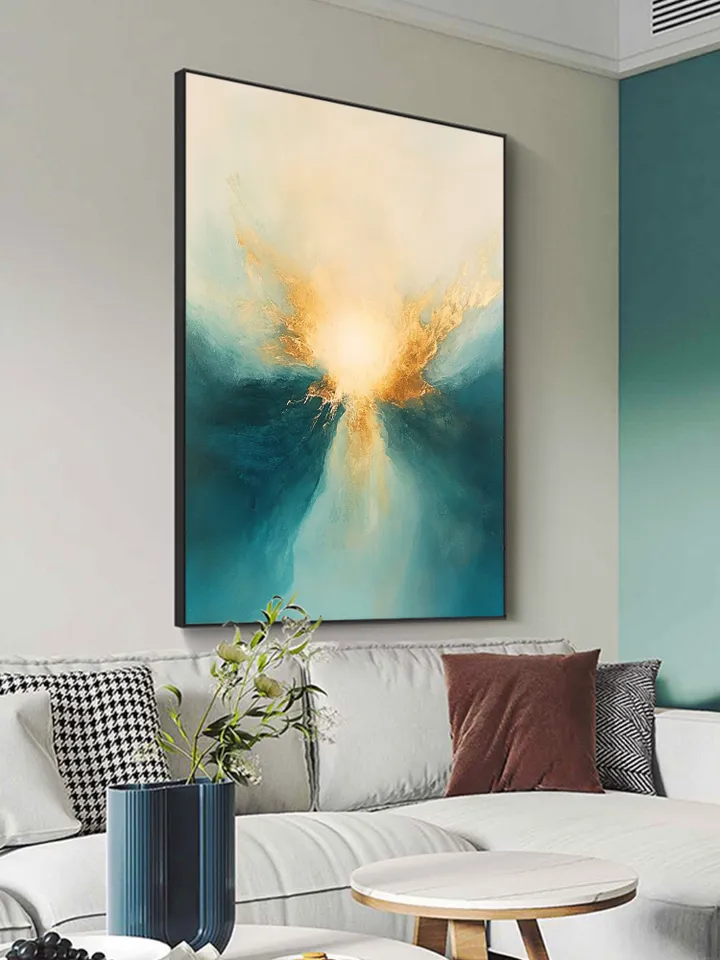 Hand-Painted Abstract Oil Painting | Modern Wall Art with Gold Accents | Stunning Blue and White Art for Living Room Home Decor