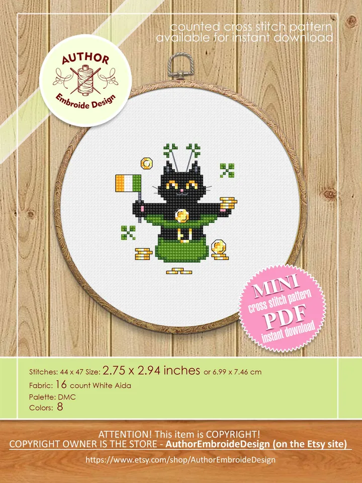 St Patrick day cat cross stitch pattern PDF download Cat holiday cards cross stitch chart, Black cat pattern digital PDF Cat lover gift #T40