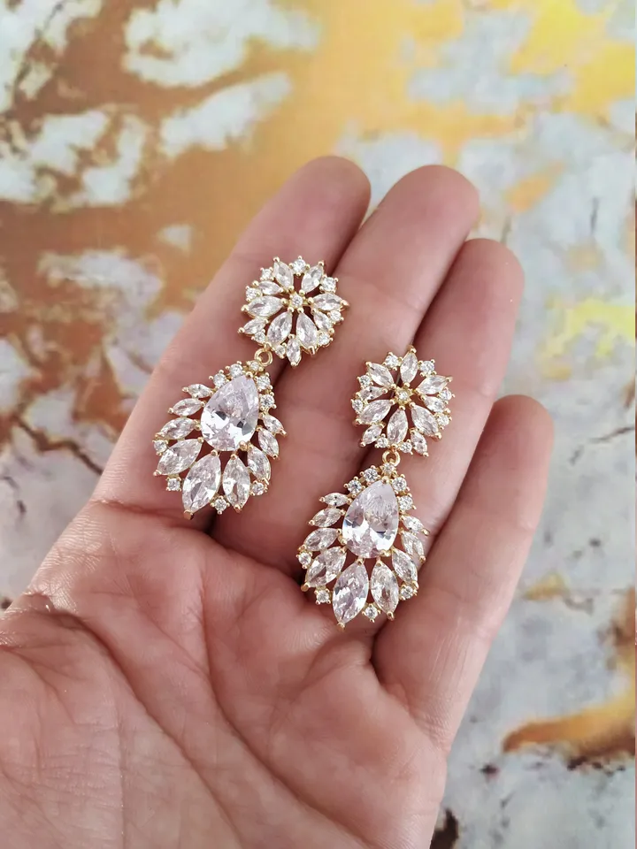 Diamond Gold Wedding Earrings | Flowers Bridal Earrings | Chandelier Statement CZ Earrings | Gold Jewelry for Bride | Bridal Jewelry |