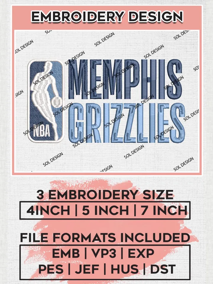 Memphis Grizzlies Logo Embroidery Design Files, NBA Embroidery Files, NBA Memphis Grizzlies Machine Embroidery Design, Digital Download