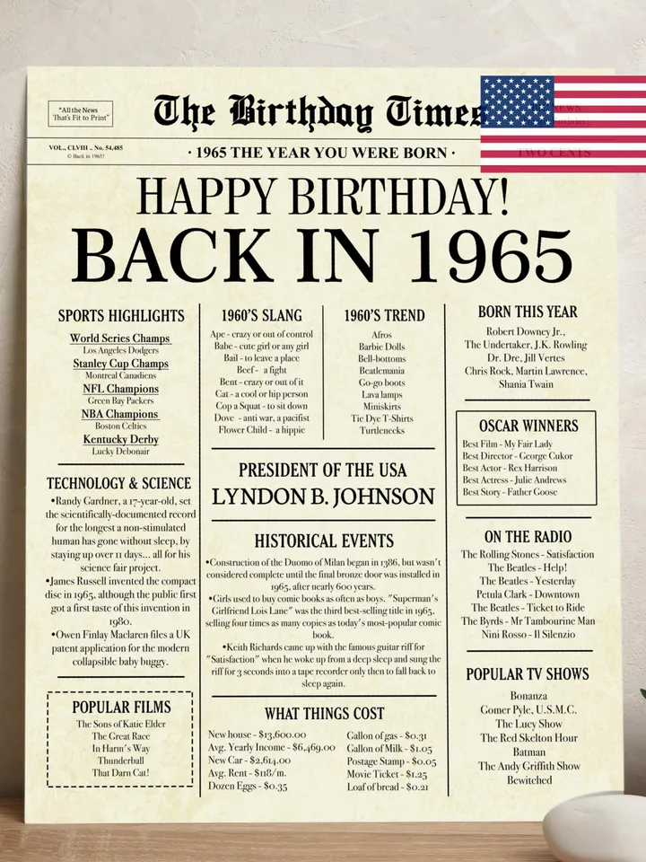 1965 60th birthday newspaper with USA fun facts, 1965 birthday board poster sign, birthday decoration, 60 years ago back in 1965 printable