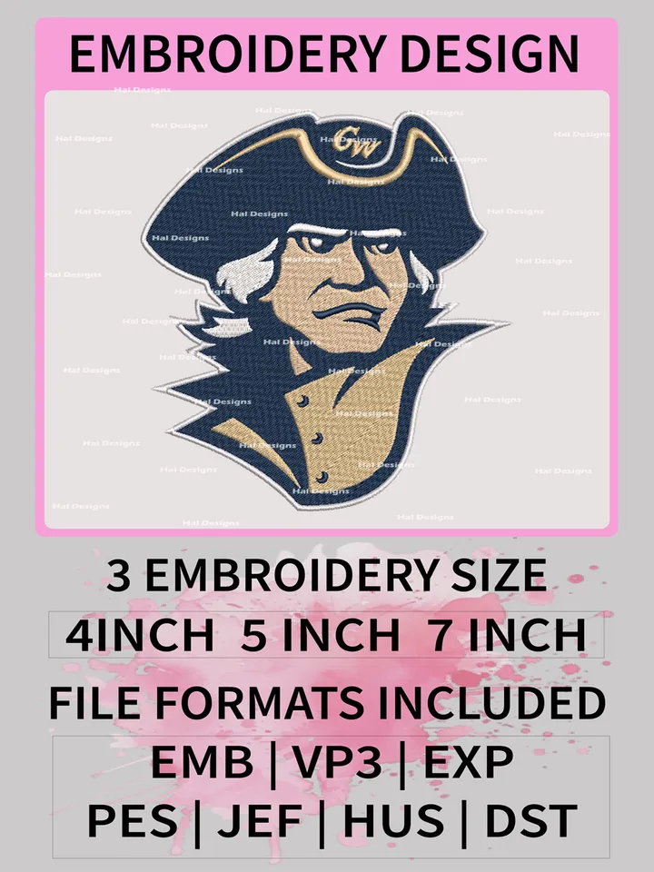 NCAA George Washington Revolutionaries Embroidery Designs, NCAA Logo Machine Embroidery Files, College Team Embroidery Patterns