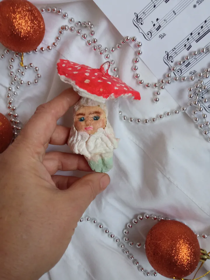Fairytale fly agaric mushrooms with people - magical Christmas decor or home decor indoor
Christmas tree toy. Amanita mushrooms
