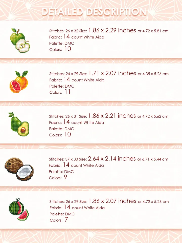 Mini fruit cross stitch pattern PDF download Set of 10 fruits cross stitch chart, Small fruit pattern digital PDF, Kitchen decor #F18