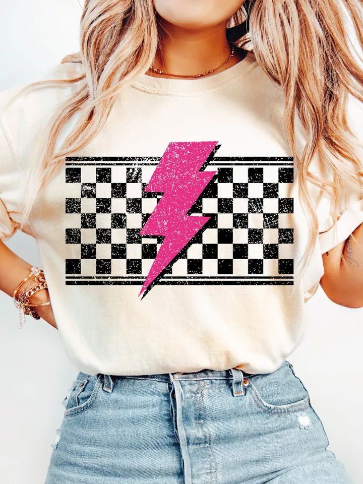 Grunge Checkered Lightning PNG, Distressed Lightning Bolt Design, Checkered Mom Life Png, Cool Mom PNG, Textured Checkerboard Sublimation