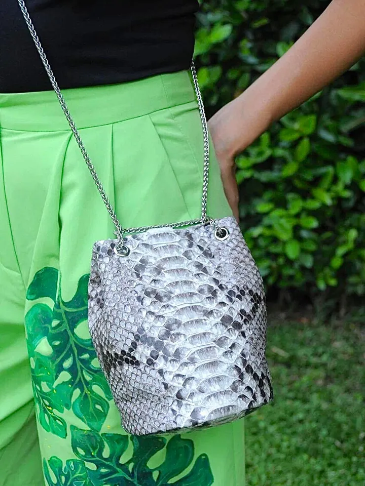 Genuine python skin bucket grey chain bag / designer women purse / summer soft  bag / exotic leather bags free shipping / gift for her