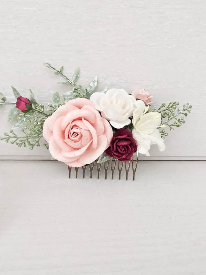 Blush Burgundy flower hair comb, Bridesmaid hair piece, Bridal hair comb, Wedding hair comb, Blush rose hair
