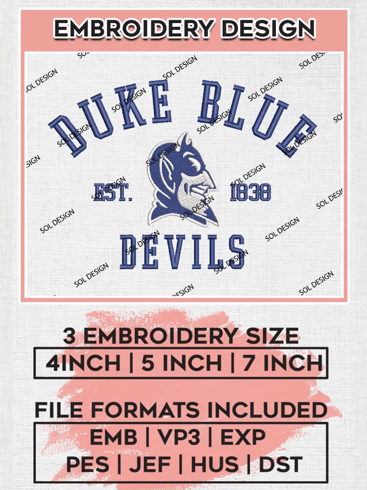 Duke Blue Devils Est 1838 Embroidery Designs, NCAA Duke Blue Devils Team Embroidery, NCAA Team Logo, 3 sizes, Machine embroidery Files, Digital Download