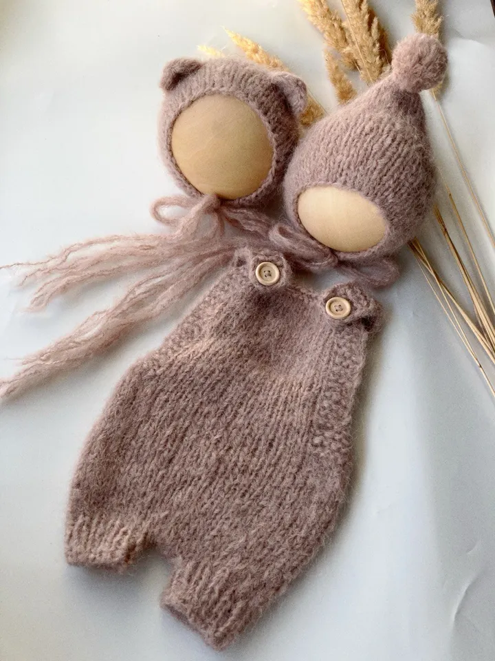 Airy fluffy romper for newborns. Knitted newborn photo props.