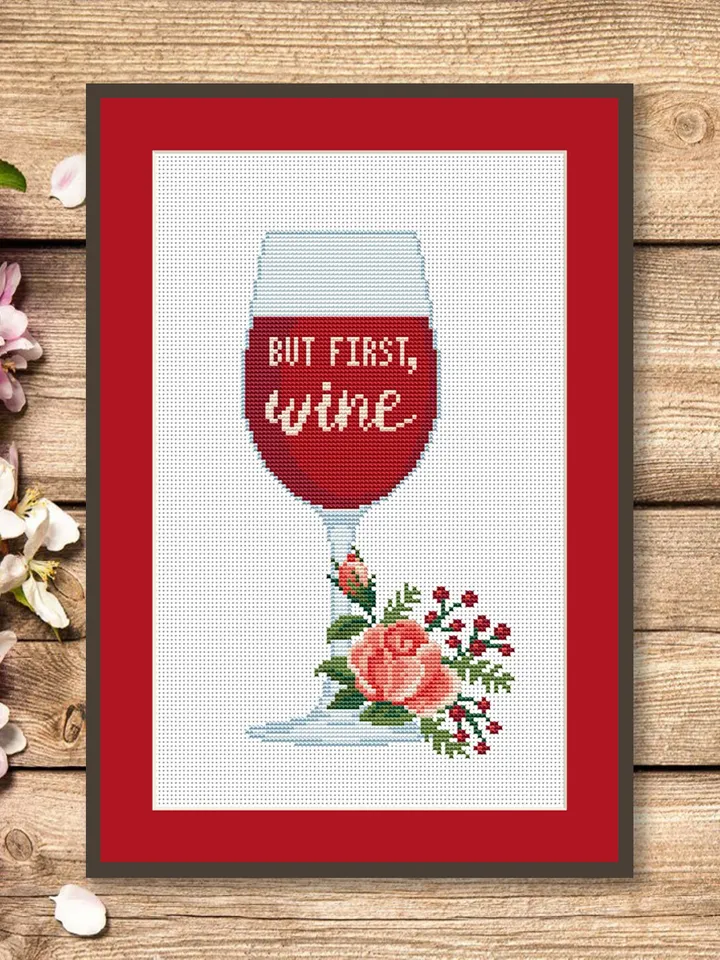 Set of 2 But First Wine Cross Stitch Pattern, Kitchen Cross Stitch, Embroidery Wine, But First Wine Pattern, Modern Cross Stitch #kt005