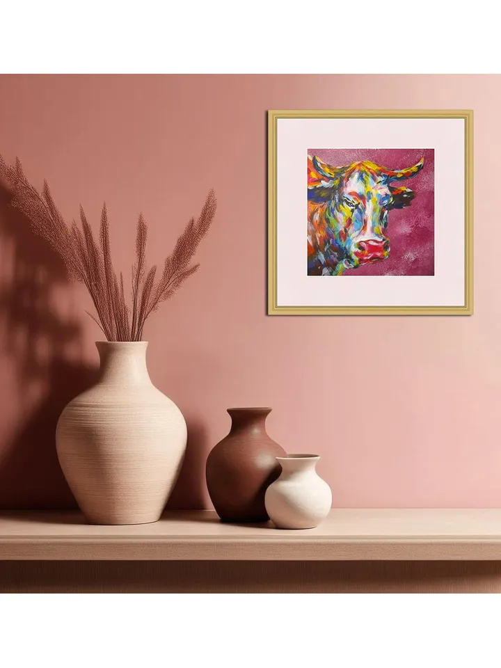 Strawberry Cow Painting Animal Original Art Farm Artwork Acrylic Painting 8.5 by 8.5 Above Sofa Art by TatianaArtShop