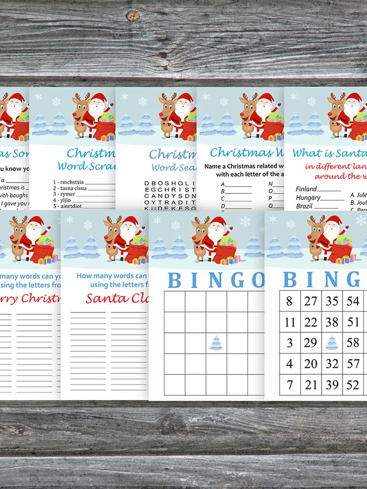 Christmas party games bundle,Printable Christmas Party Game Pack,Santa claus and his reindeer Christmas Trivia Game Card