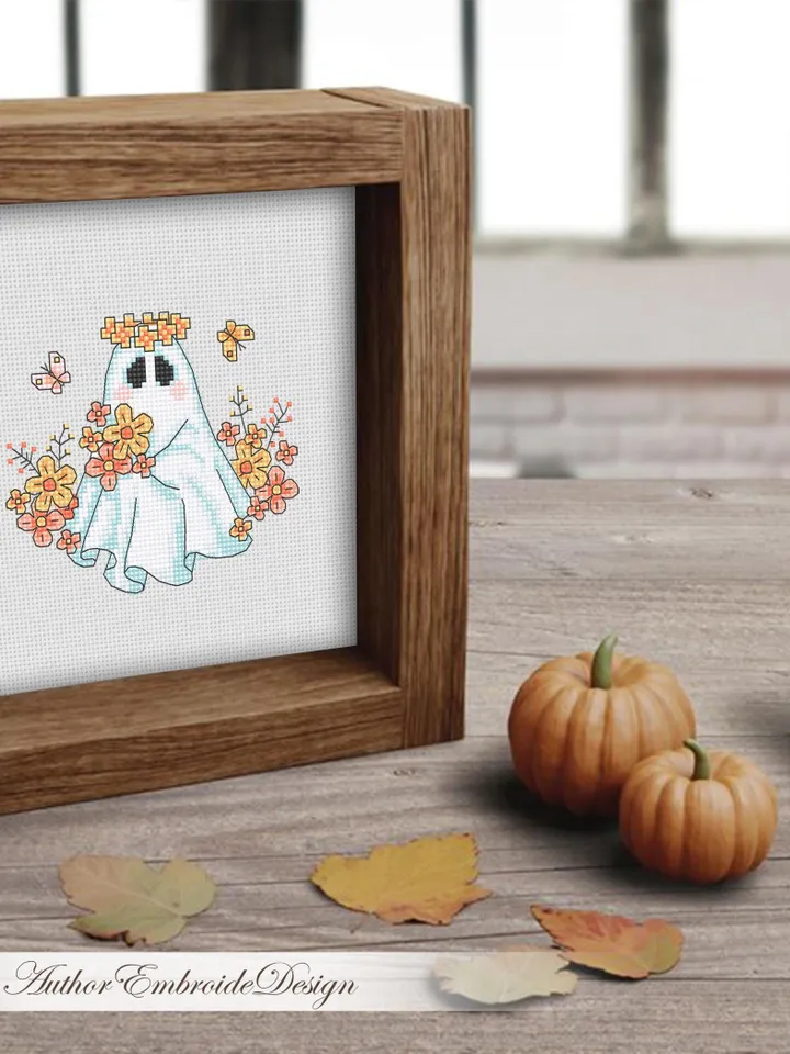 Floral ghost cross stitch pattern PDF download Cute Halloween cross stitch chart, Cute ghost with flowers pattern digital PDF #H86