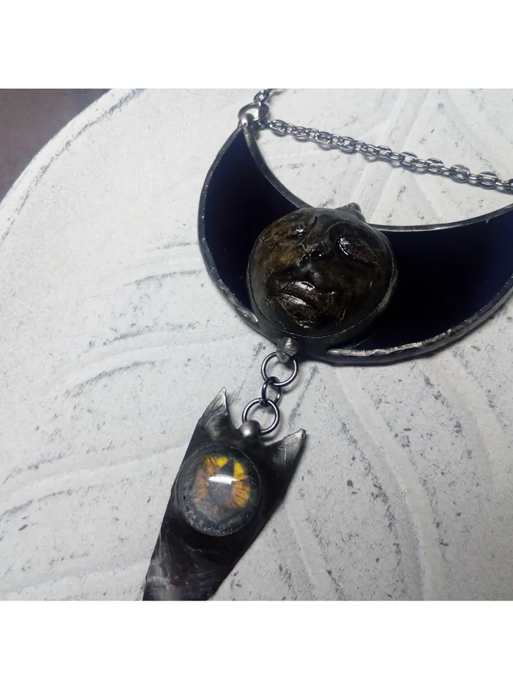 Moon crescent necklace, blood moon necklace, Moon Goddess, black Lilith, Halloween moon, witchy aesthetic, witch bat