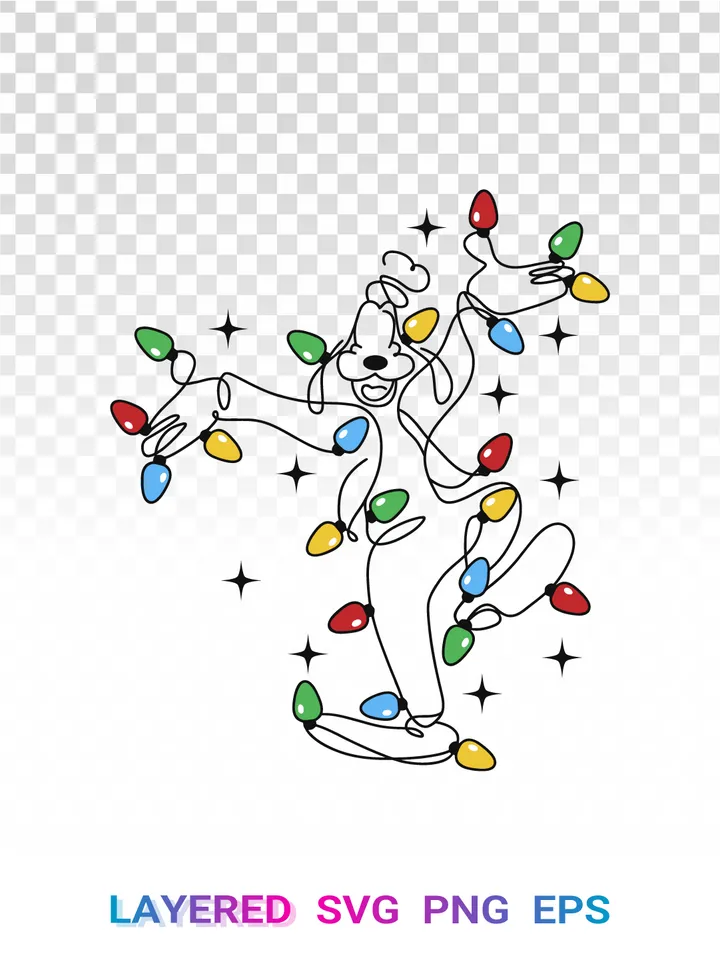 Goofy Christmas Lights SVG, Disney Holiday One Line Art PNG