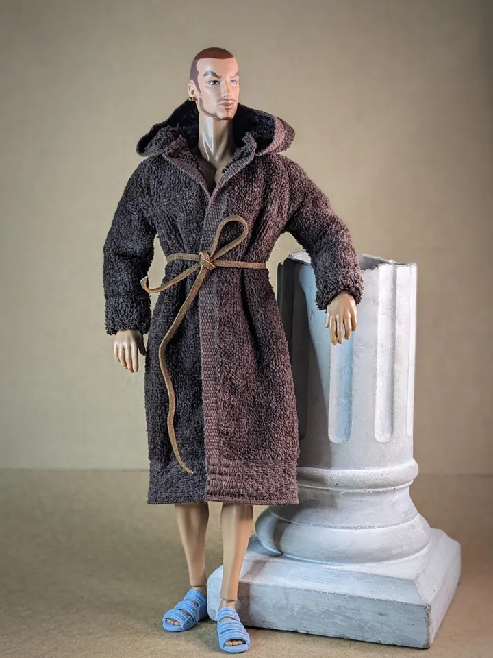Brown terry bathrobe with a hood for 13 inch fashion male doll (FR Homme, Poppy Parker, Adonis)