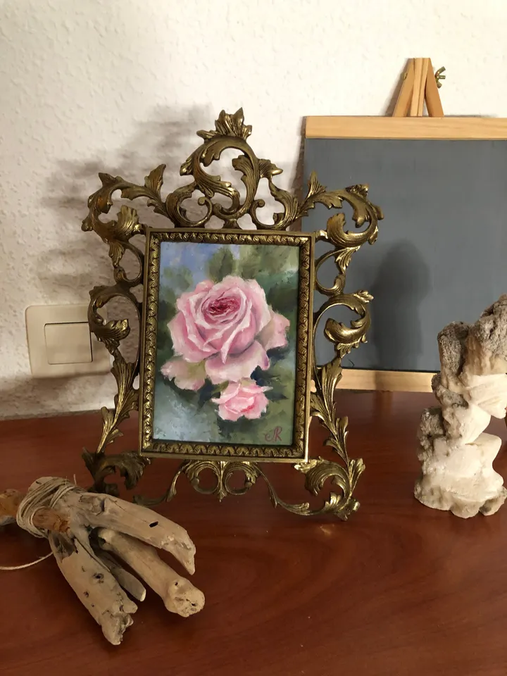Pink Roses Painting Framed Antique Metal Frame Shabby Chic Painting