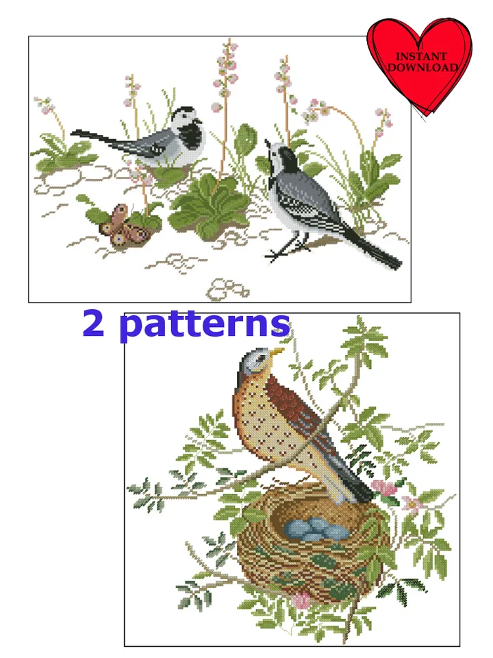 Set of 2 patterns: Two wagtails cross stitch pattern, a bird in a nest cross stitch pattern for pillow pdf