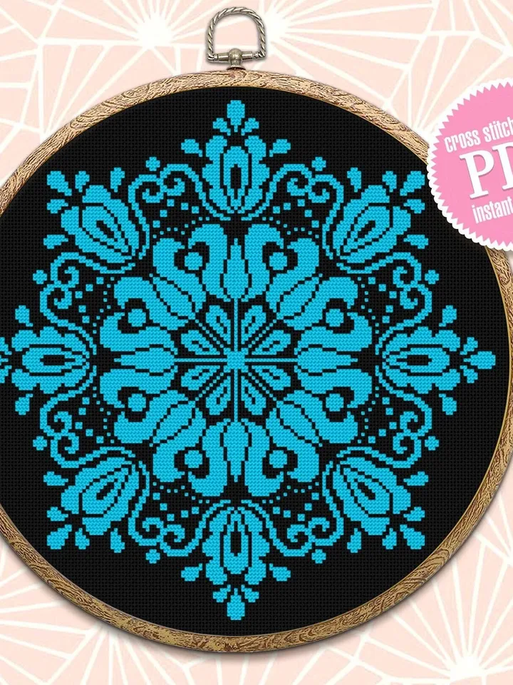 Flower mandala cross stitch pattern download PDF Floral ornament cross stitch chart Monochrome mandala pattern digital Beginner stitch #M117