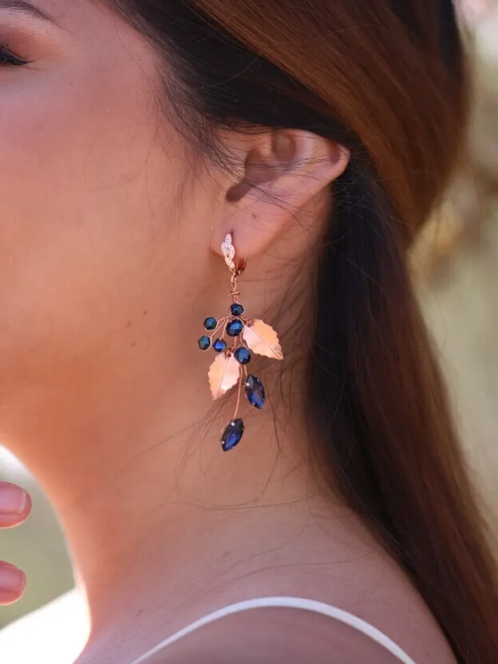 Boho Wedding Earrings, Rose Gold Blue Crystal Wedding Earrings, Leaf Flowers Chandelier Bridal Earrings, Leaf Statement Wedding Jewelry Set