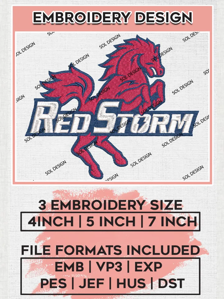 NCAA Red Storm College Team Mascot Logo Embroidery Design Files, NCAA St Johns Red Storm Machine Embroidery, NCAA Teams, 3 sizes, NCAA Machine embroidery designs, Digital Download