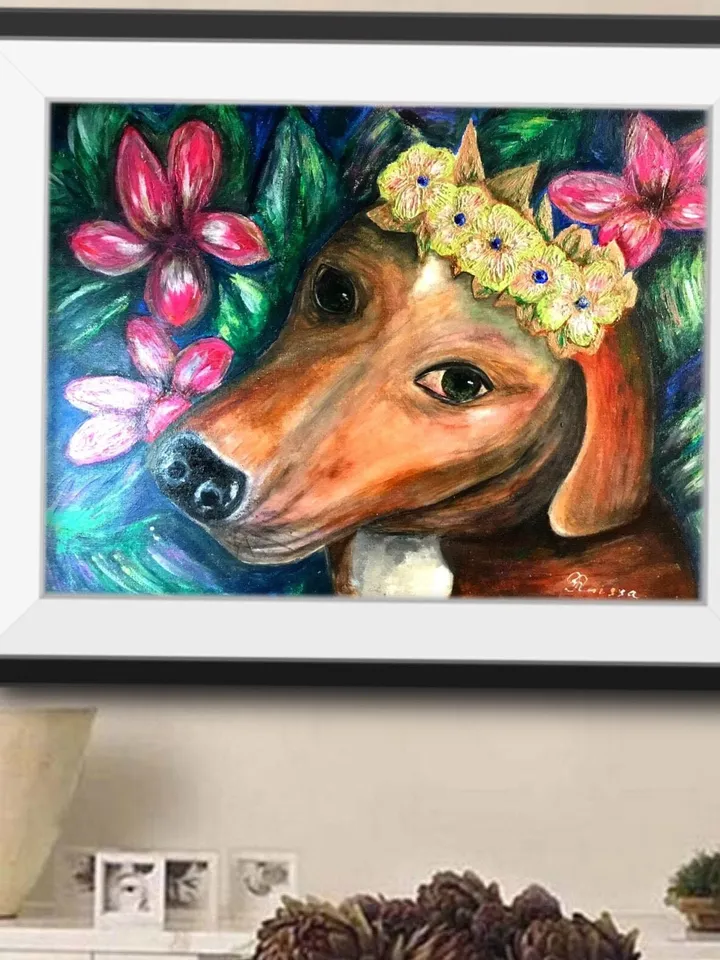 Spaniel dog painting,Spaniel dog in diadema of flowers in a tropical forest,original painting,specialized modeling paste.Home decoration.