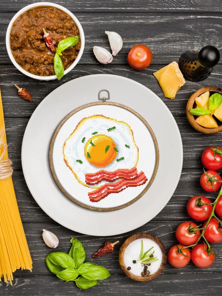 Fried egg with bacon cross stitch pattern PDF download Food cross stitch chart for beginners, Egg pattern digital PDF, Kitchen decor #F22