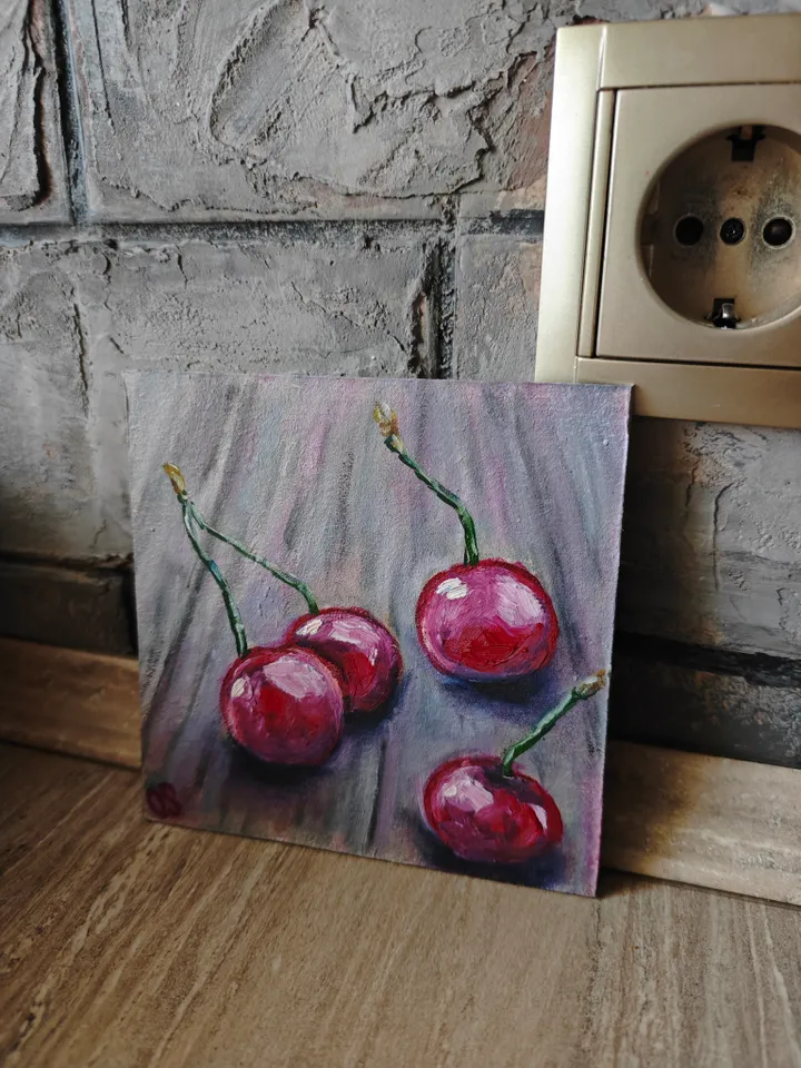 Cherries Original Painting Fruit Original Art Cherries Modern Artwork Bright Cherry Oil Painting Cherry Fruit Wall Art Decor 5 x 5 inches by OlgaSokolovaArt