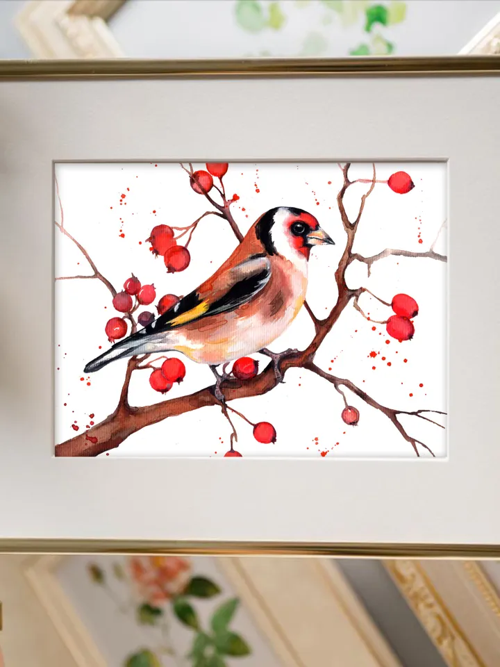Bullfinches on a branch original watercolor, birds painting, wall decor, 7x10 in art for bird lovers by Anne Gorywine