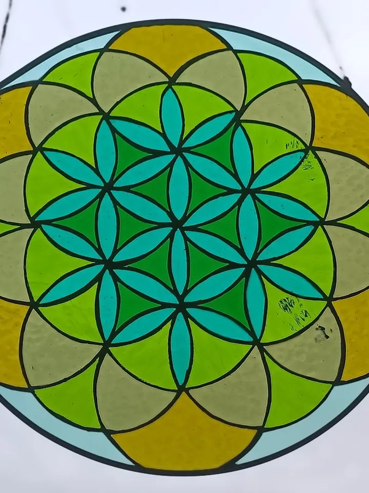Mandala "Flower of Life", Stained Glass Mandala "Flower of Life", Tiffany Mandala with Sacred Geometry, Colorful Glass Mandala – Flower of Life, Sacred Stained Glass Wall Art, Handmade Flower of Life Mandala