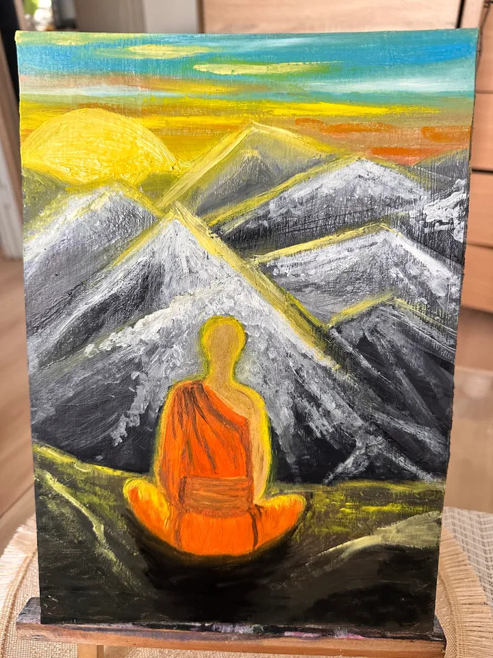 Oil Painting Shaolin Monk Evening Meditation in the Mountains Figurative Male Portrait Mountain Landscape Cardboard 30x21 cm 12x8 inches 3D Image Wall Decor