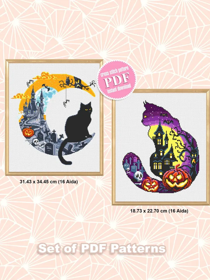 Halloween cat cross stitch pattern PDF download Haunted house cross stitch chart, Halloween pattern digital PDF, Spooky cross stitch #S52