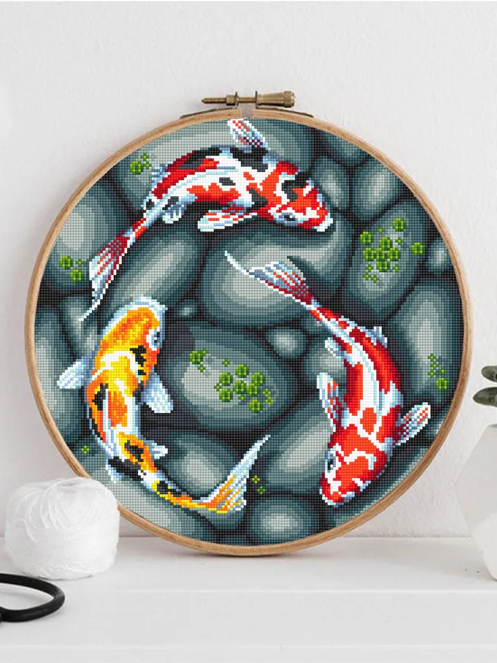 Koi pond cross stitch pattern download PDF, Koi fish cross stitch chart, Fish hand embroidery PDF, Oriental decor, Nature cross stitch #L51