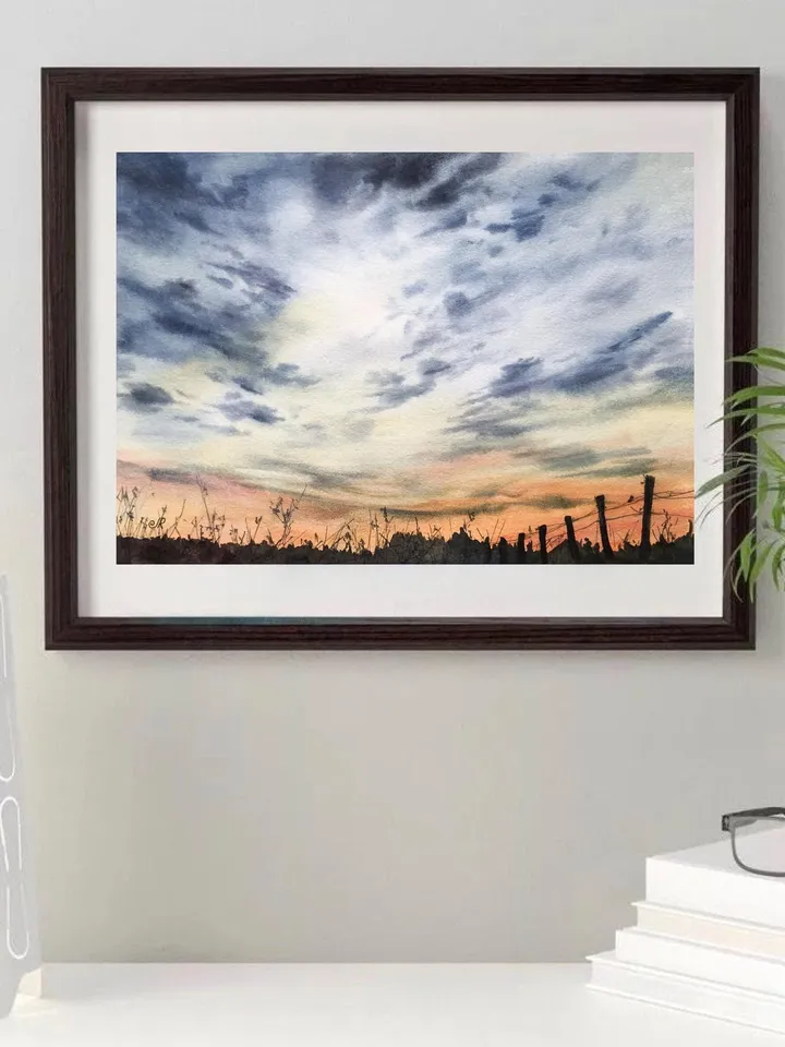 Sunset Original Painting Watercolor Landscape Sunrise Cloud Wall Art
