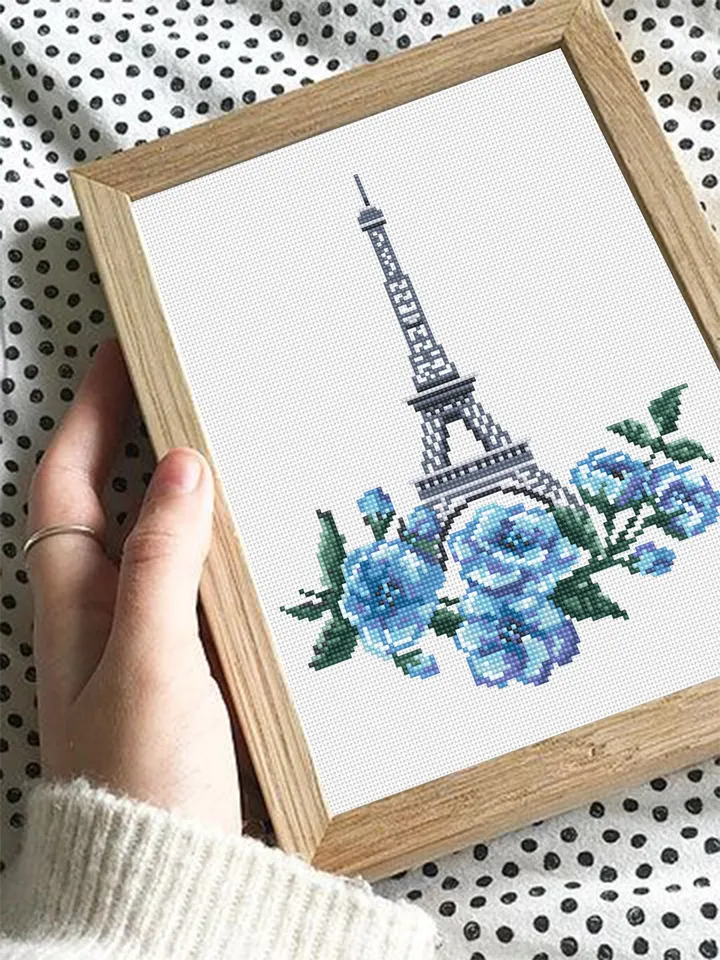 Spring cross stitch pattern PDF download Eiffel Tower beginner stitch Sakura flowers cross stitch Modern France embroidery Paris decor #E1